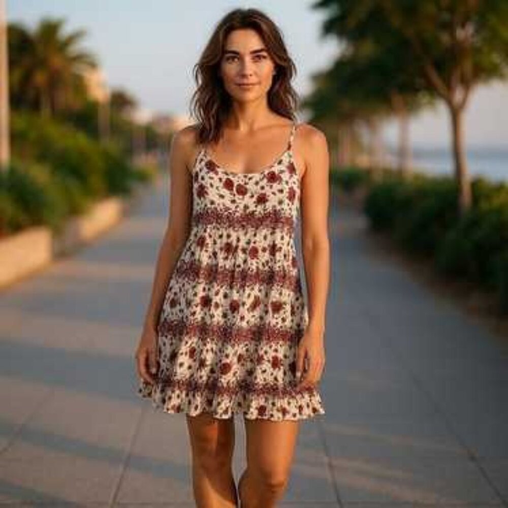 Y2K RARE Brandy Melville Floral Burgundy Cream Mini Slip Dress | Boho Coquette - Picture 4 of 11